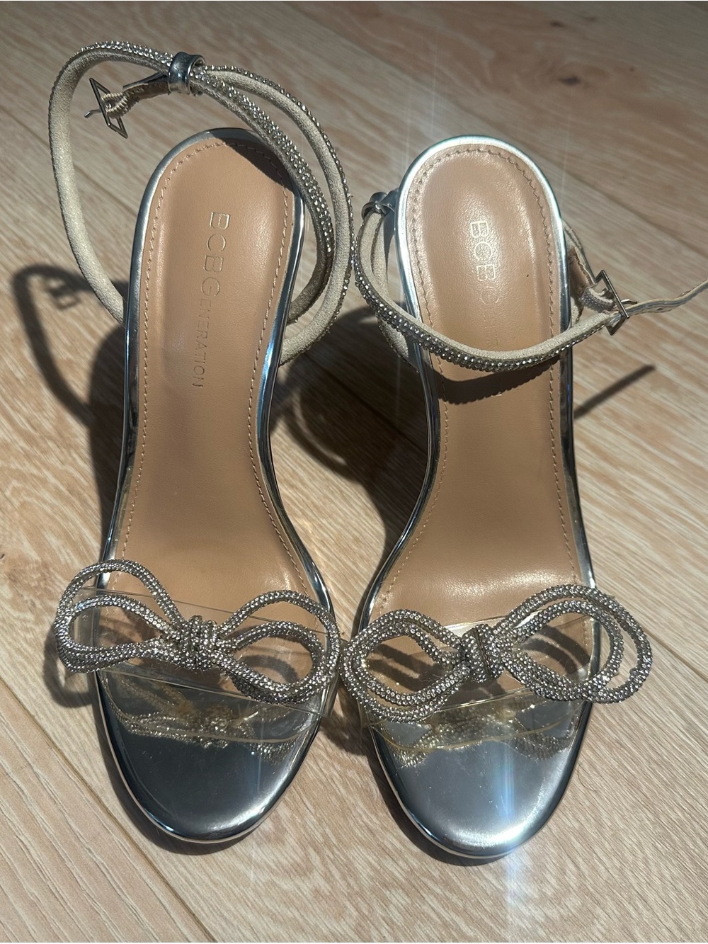 BCBG Metallic Silver Bow Ankle-Strap Heels